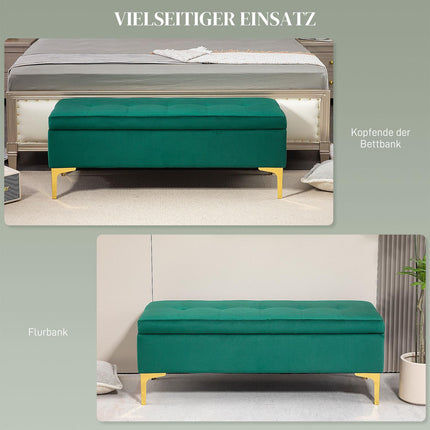 Velvet-covered bench, metal legs, 120x44x44.5 cm, green