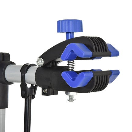 Bicycle repair stand with tray, adjustable, four-legged, black