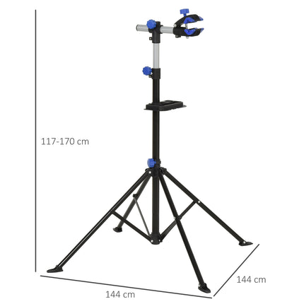 Bicycle repair stand with tray, adjustable, four-legged, black