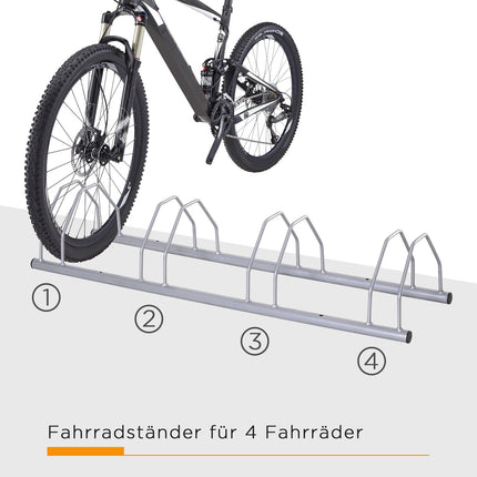 Steel rack for 4 bikes, floor and wall mount, silver finish