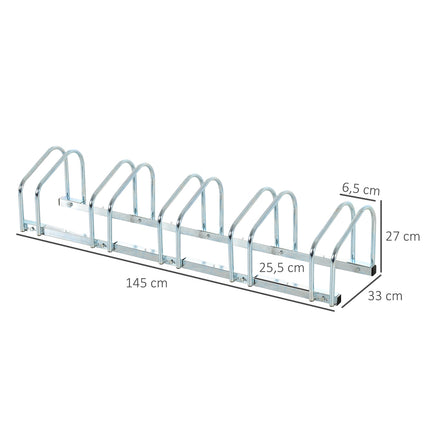 Weather-resistant bicycle rack in steel, floor and wall mount, holds 5