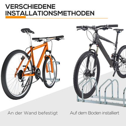 Weather-resistant bicycle rack in steel, floor and wall mount, holds 5