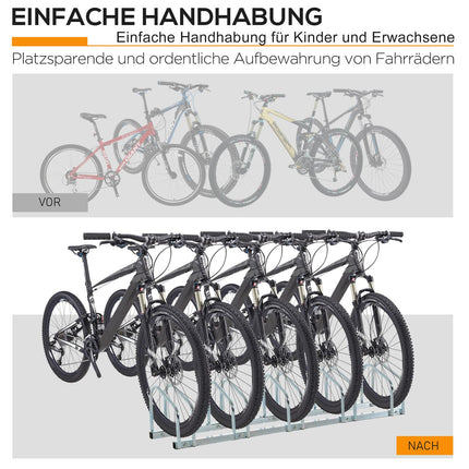 Weather-resistant bicycle rack in steel, floor and wall mount, holds 5