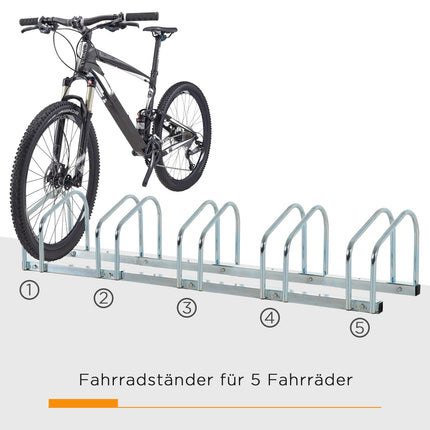 Weather-resistant bicycle rack in steel, floor and wall mount, holds 5
