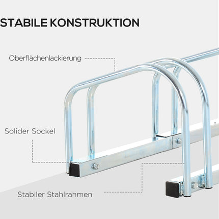 Weather-resistant bicycle rack in steel, floor and wall mount, holds 5