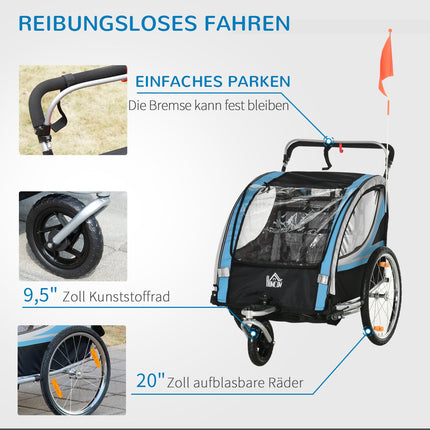 Bicycle trailer & stroller, 360° swivel, steel frame, blue/black
