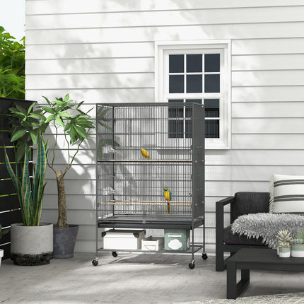 Large gray bird aviary with perches and wheels, 94 x 57 x 153 cm