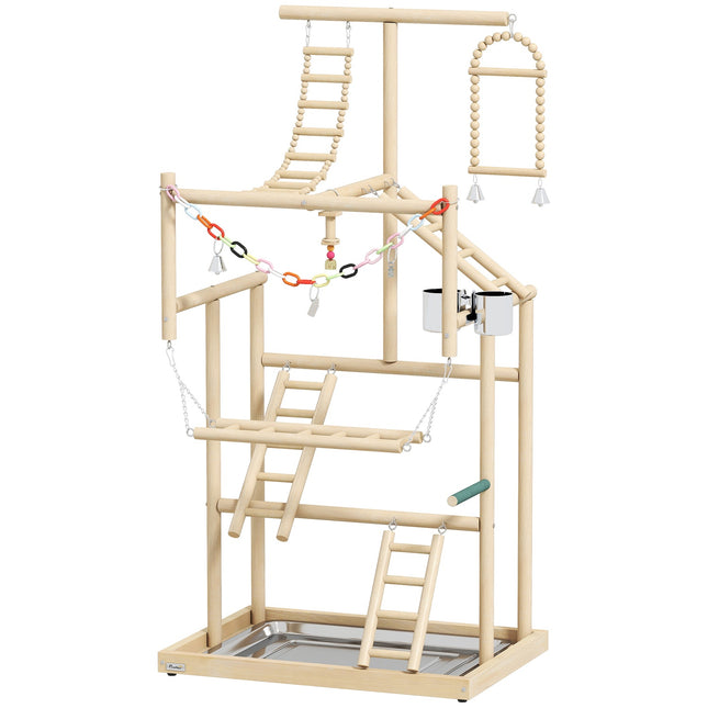 Bird Play Stand, 4 Levels, Stainless Tray, Natural Wood