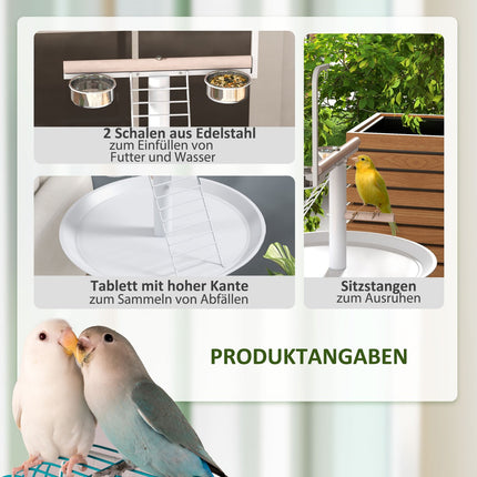 Bird feeding station with wheels and perches, steel, white