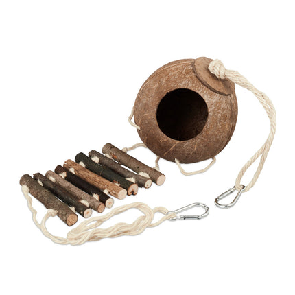 Bird toy with coconut and wooden ladder