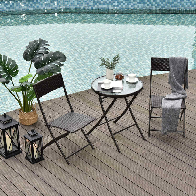 3-piece poly rattan folding bistro set for balcony - Brown