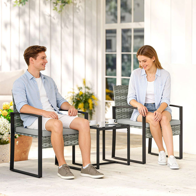 Bistro Set with Cushions, PE Rattan, Glass Tabletop