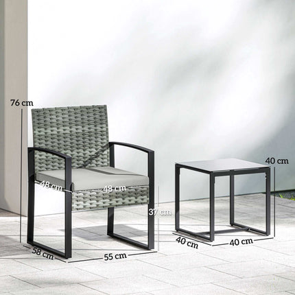 Bistro Set with Cushions, PE Rattan, Glass Tabletop