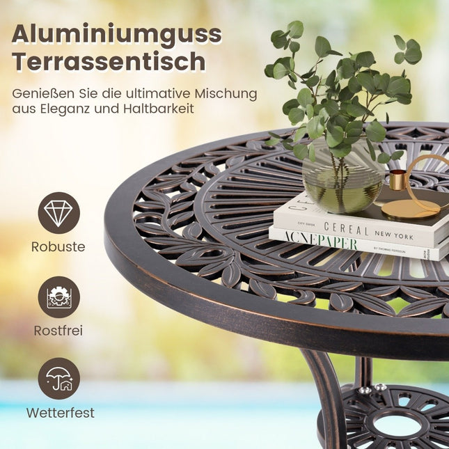 Bistro table made of cast aluminum, weatherproof balcony table with umbrella hole 61 x 61 x 71 cm copper red