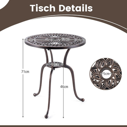 Bistro table made of cast aluminum, weatherproof balcony table with umbrella hole 61 x 61 x 71 cm copper red