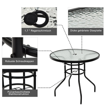 Bistro table made of metal with umbrella hole and thickened glass top garden table glass table black