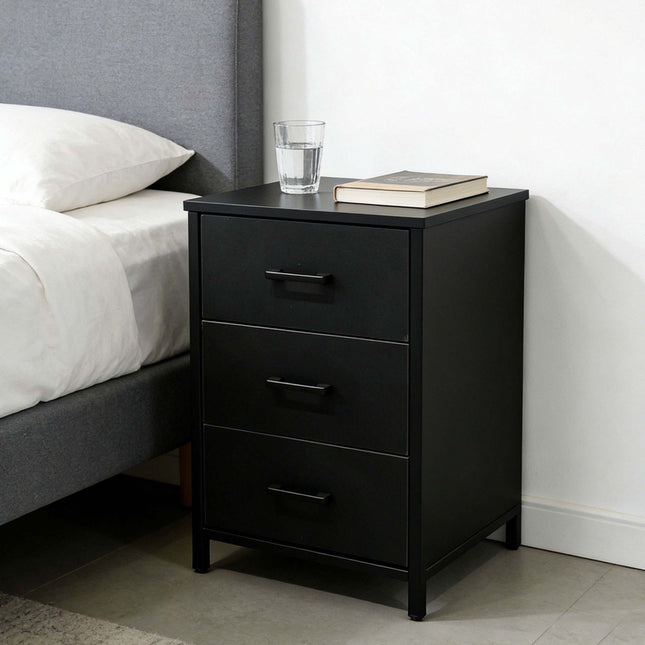 Black 3-Drawer Bedside Table, MDF & Steel, 60x40x40 cm