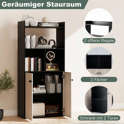 Black 3-Tier Bookshelf with Double Door Cabinet