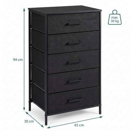 Black 5-Drawer Fabric Chest – Metal Frame, MDF Top