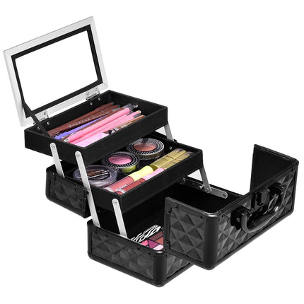 Black Aluminum Makeup Case with Mirror – 2 Trays, Portable