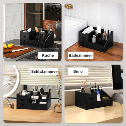Black Bamboo Desk Organizer with 2 Drawers, 7 Compartments