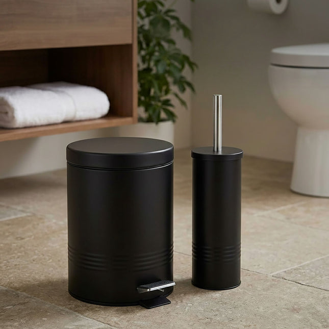 Black Bathroom Set with Pedal Bin & Toilet Brush