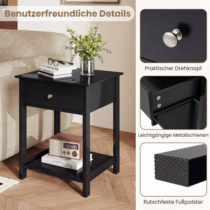 Black Bedside Tables Set of 2 with Drawer and Shelf