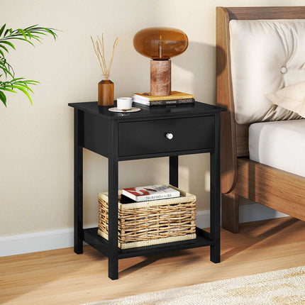 Black Bedside Tables Set of 2 with Drawer and Shelf