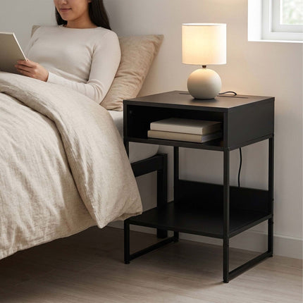 Black Bedside Table with 2 Shelves and Phone Holder