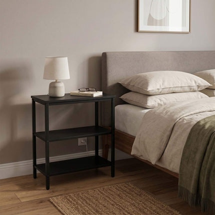 Black Bedside Table with 3 Shelves, Engineered Wood