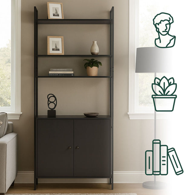 Black Bookcase with Storage Unit, MDF & Metal, 4 Shelves