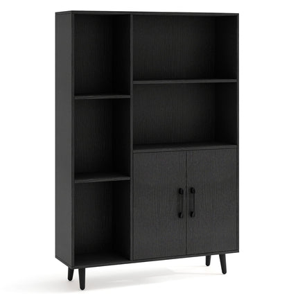 Black Bookshelf with Doors & Open Shelves, 5-Tier Storage