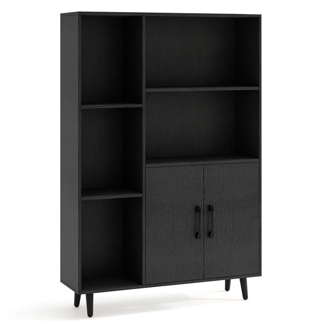 Black Bookshelf with Doors & Open Shelves, 5-Tier Storage