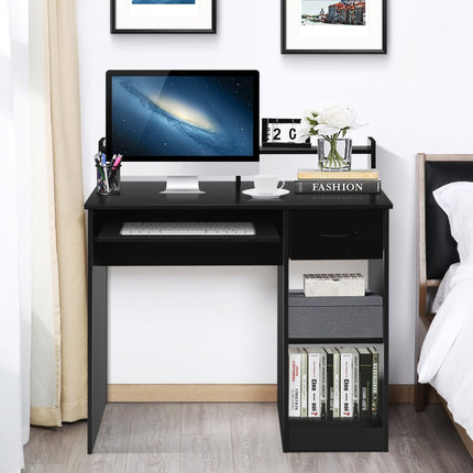 Black Computer Desk with Keyboard Tray and Storage Shelves