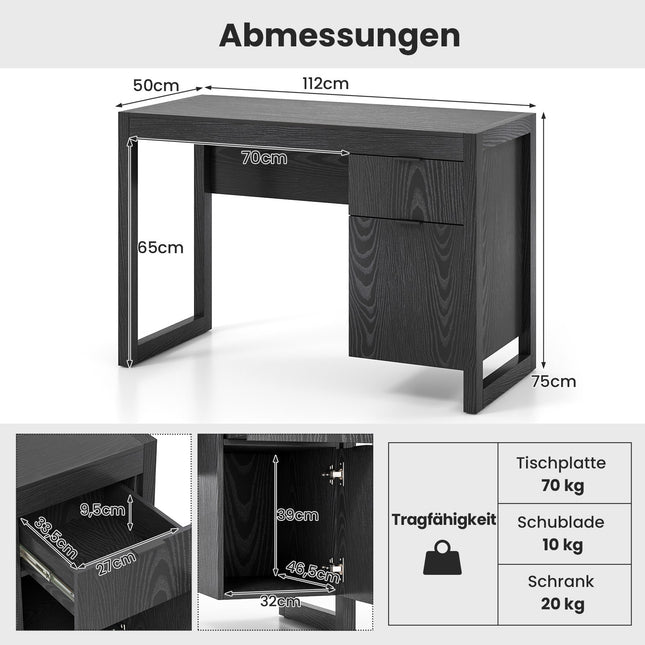 Black Computer Desk with Storage Cabinet, 112cm