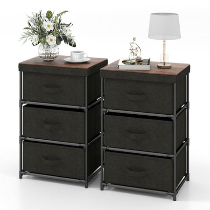 Black Fabric Drawer Nightstand, Metal Frame, Set of 2