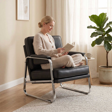 Black Faux Leather Lounge Chair with Armrests, Steel Legs
