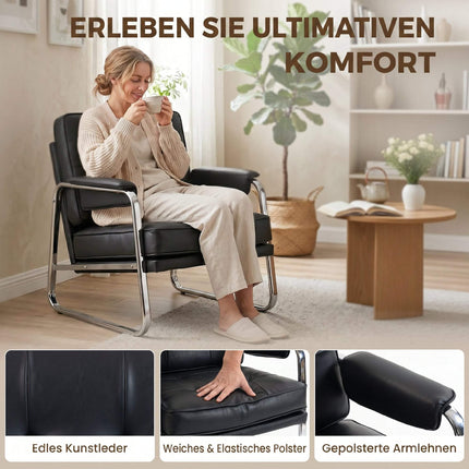 Black Faux Leather Lounge Chair with Armrests, Steel Legs