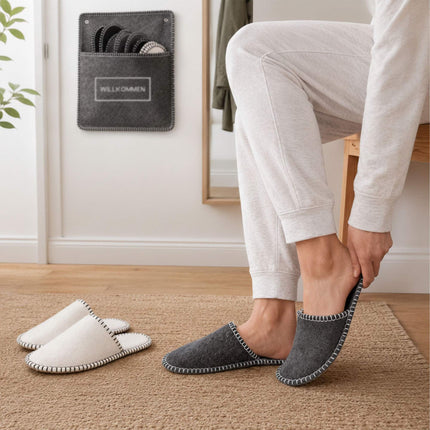Black Felt Guest Slippers Set, 6 Pairs with Storage Bag