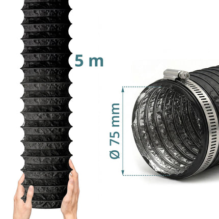 Black Flexible Exhaust Hose, 5m x 75mm, PVC & Aluminium