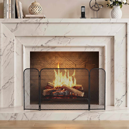 Black Geometric Foldable Fireplace Screen – Metal, 3-Panel