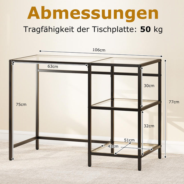 Black Glass Computer Desk with Metal Frame, 106x51x76 cm