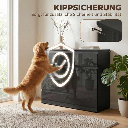 Black High Gloss Sideboard with 5 Drawers & Adjustable Shelf