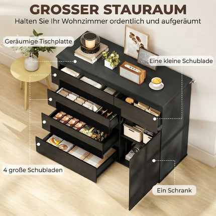 Black High Gloss Sideboard with 5 Drawers & Adjustable Shelf