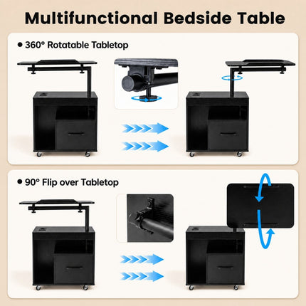 Black LED Nightstand with Wheels, Charging Ports & Tilting Table