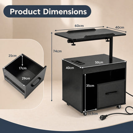 Black LED Nightstand with Wheels, Charging Ports & Tilting Table