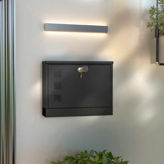 Black metal mailbox with window & key lock, 36.5x11.5x29cm
