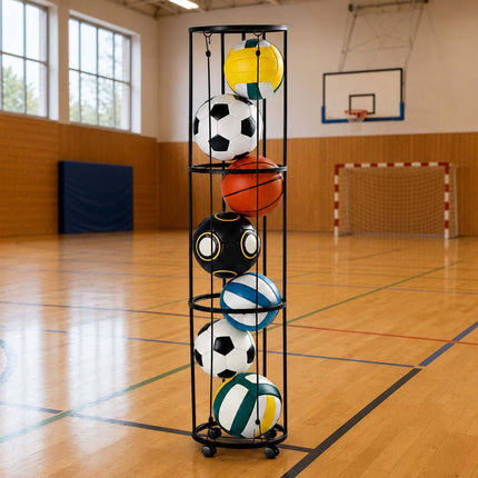 Black Metal Ball Rack with Wheels, 148.5 x 33 cm