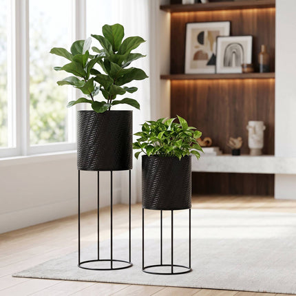 Black Metal Plant Stand Set of 2 – Modern Embossed Finish