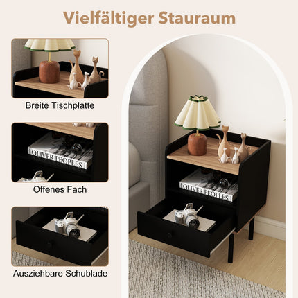Black Nightstand with Drawer & Open Shelf, Metal Legs